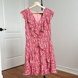 BCBG Jessa Ruffle Pink Floral V Neck Mini Dress Size 4